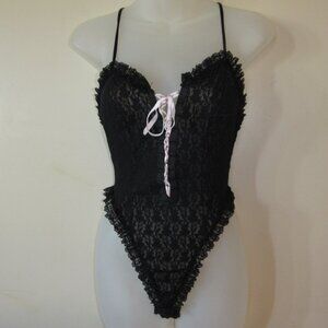 Vtg Lady Cameo Dallas Sheer Black Ruffle Lace Pink Bow Thong Teddy sz M Lolita